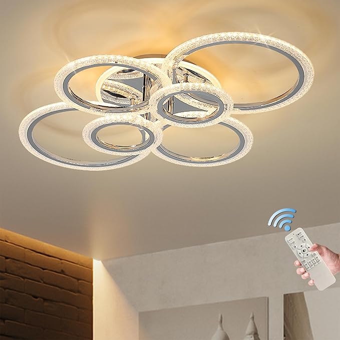 Garwarm Modern LED Flush Mount Ceiling Light with Remote, 6 Ring Chrome | 76W Dimmable LED Ceiling Fixture,3000K-6000K Adjustable Lighting for Low Ceiling Living Room, Dining Room ,Kitchen,Bedroom
