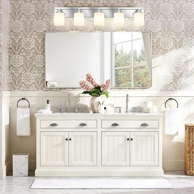 Modern Bathroom Lighting Fixtures Over Mirror, Vanity Lights for Bathroom, Wall Sconces with Milky White Glass Shades, E26 Ceramic Socket, 5-Light 35.4-inch Chrome