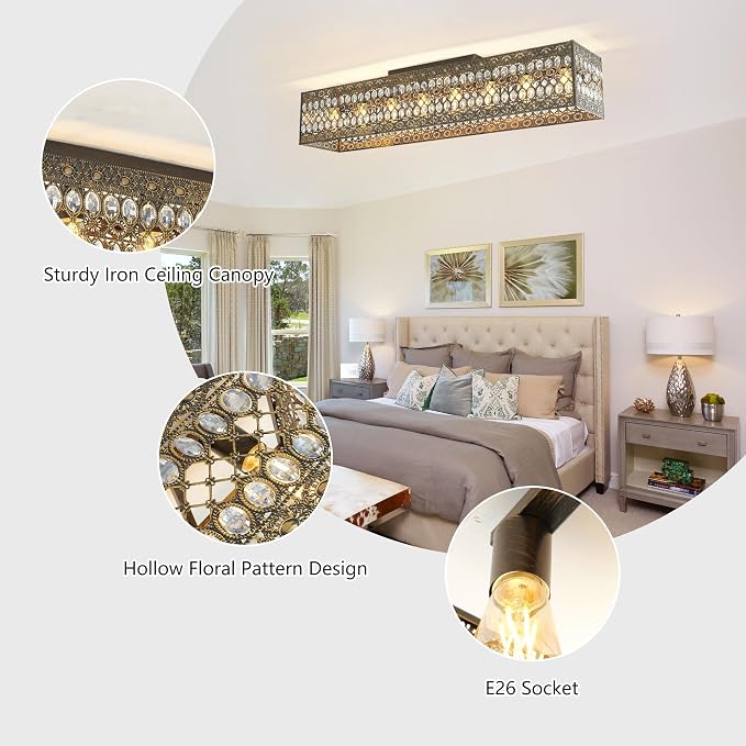 Garwarm 48 Inch Crystal Chandelier, 8-Light Rectangular Ceiling Light | Vintage Antique Copper Gold Flush Mount Dining Room Fixture for Long Tables, Kitchen Islands, Living Rooms and Large Spaces