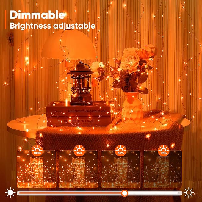 Ariceleo 2 Pack 65.6 Ft. Battery Operated Outdoor String Lights with Remote & Timer, LED Orange Fairy Lights, Waterproof Twinkle Lights for Bedroom, Dorm, Mason Jar, Wedding, Party, Christmas