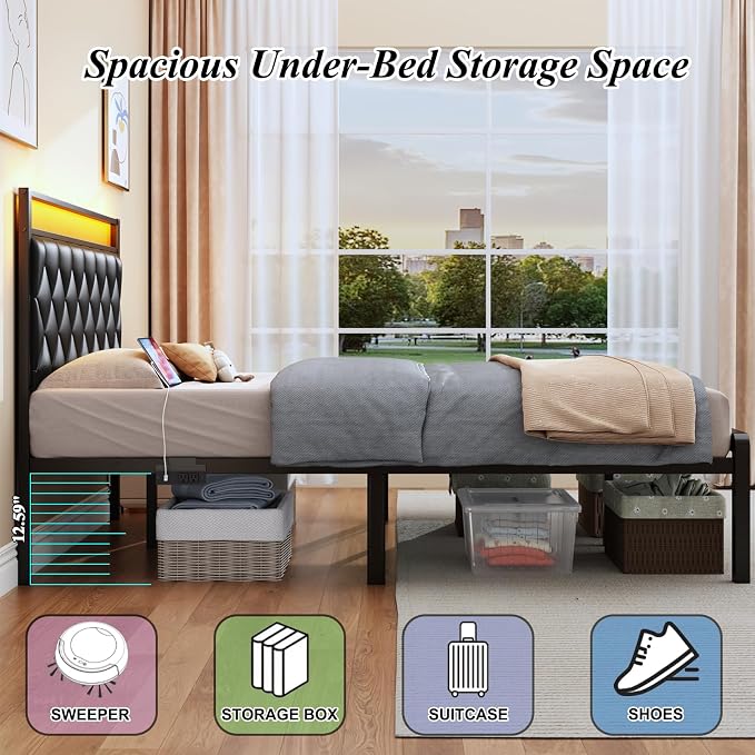 Full Size Bed Frame with Headboard, Modern Metal Bed Frame with LED Lights & Charging Station, PU Leather Upholstered Headboard, All Metal Slats Support, No Boxing Spring Needed, Noise Free, Black