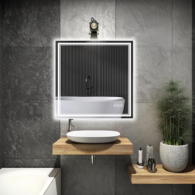Ratsamee 30x30 Inch LED Bathroom Mirror with Frontlit & Backlit, Lighted Mirror for Bathroom Wall with 3-Color Dimmable & Anti-Fog, Vanity Mirror with Lights