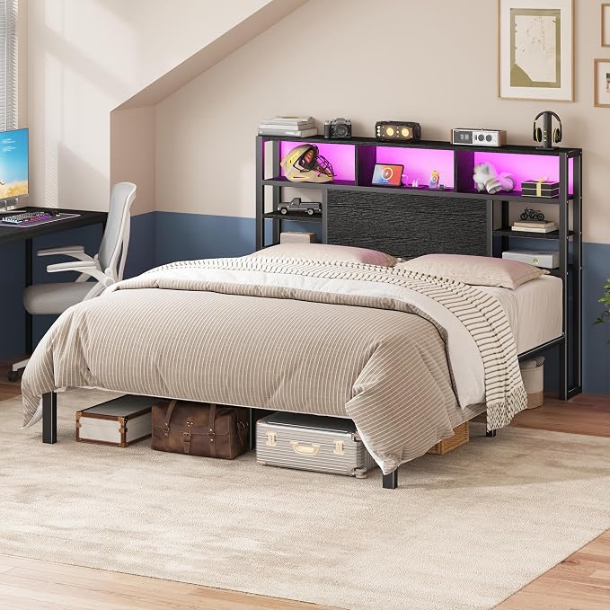 Homkdom Queen Bed Frame with Storage Headboard and Charging Station,Black | LED Lights，12.2" Under-Bed Storage，Supports up to 1100 LBS，No Box Spring Needed，Noise-Free,Easy Assembly