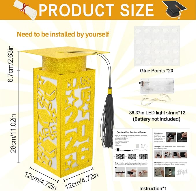 12 Pcs Graduation Table Centerpieces Boxes Class of 2026, Golden Graduation Paper Lanterns Boxes with String Lights Hollow Out for Congrats Grad School College Table Decorations Grad Party Photo Props