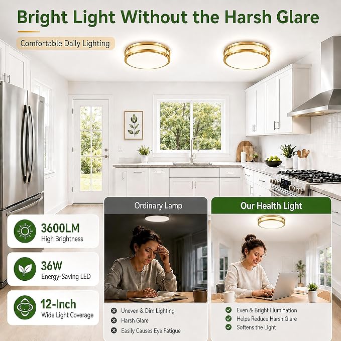 12 inch 36W Flush Mount LED Ceiling Light Fixture 3600 Lumen Super Bright, 2700K/3000K/4000K/5000K/6500K Adjustable Ceiling Lights, Gold Saturn Dimmable Lighting for Hallway Bathroom Kitchen 1 Pack