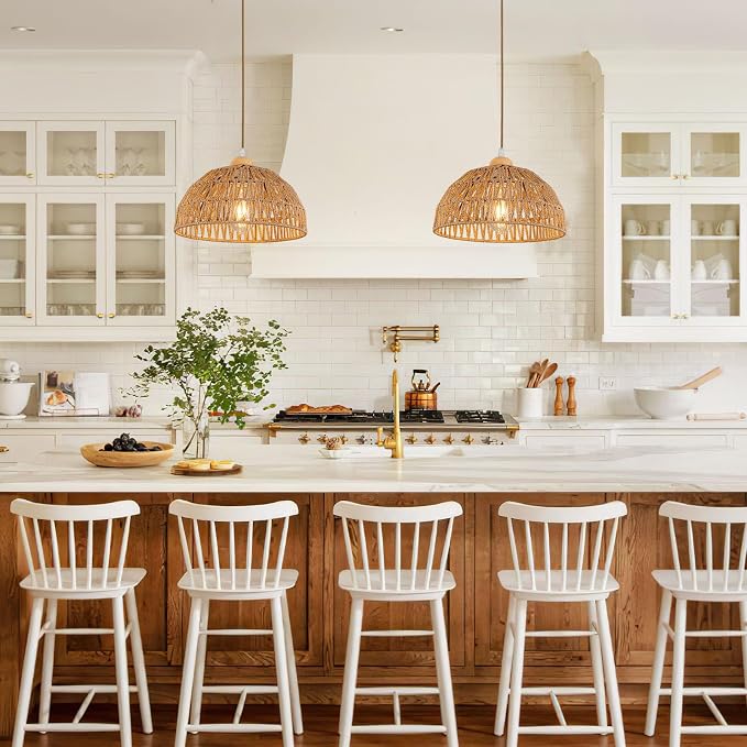 Boho Pendant Light Fixture Kitchen Chandelier Rattan Hanging Light Flush Mount Ceiling Light Boho Lamp Shade Wooden Base Bohemian Chandeliers for Hallway Bedroom Chandelier Dinning Light Fixture