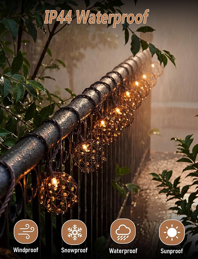 Outdoor Patio String Lights, 8.5FT 10 LED Beaded Copper Wire Ball Lights, Connectable Weather-Resistant Decorative Lights for Pergola, Porch, Bedroom, Backyard & Party