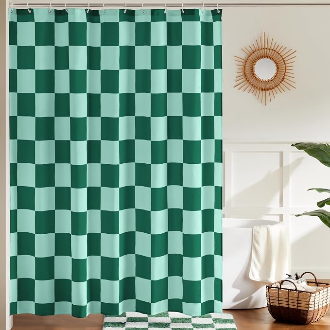 Ohocut Checkered Shower Curtain, Double Green Plaid Shower Curtains for Bathroom, Cute Retro Checkboard Shower Curtain Vintage Aesthetic, Washable Fabric Bath Curtain 72''x72''