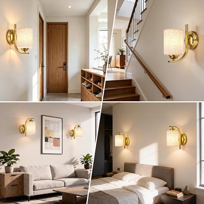 Wall Sconces Lights Lamp for Bedroom Bathroom, Modern Vanity Light Fixtures, Gold Farmhouse Wall Mount Lighting Lanterns with Fabric Shade for Living Room Mirror Hallway Kitchen