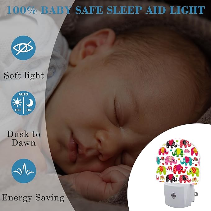 Night Light for Kids Girls Boys, Retro Colorful Cute Elephant LED Night Light Plug into Wall with Dusk to Dawn Sensor for Room Decor, Hallway, Kitchen, Bathroom, Nursery, Stairs