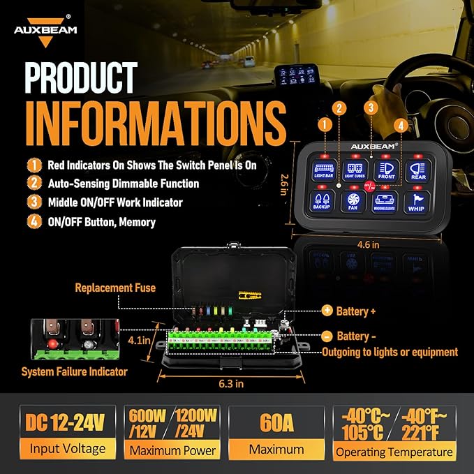 Auxbeam 8 Gang Switch Panel BA80 Automatic Dimmable LED Touch Control Panel Box Electronic Relay System Car Touch Switch Box Universal for Truck ATV UTV Boat Marine SUV Caravan -Blue, 3 Years Warranty