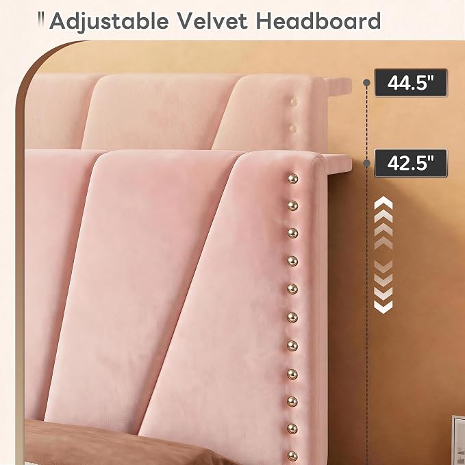 EnHomee Twin Bed Frame with LED Lights & USB, Noise-Free, Pink | Adjustable Velvet Headboard，Under-Bed Storage，Heavy Duty Support with 12 Slats，No Box Spring Needed，Easy Assembly for Bedroom