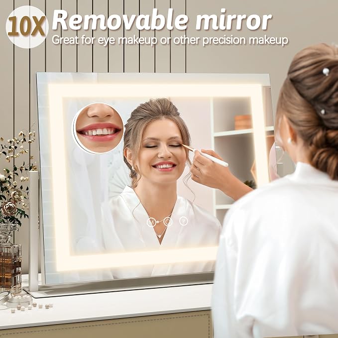 ROLOVE Vanity Mirror with Lights 22"x18", Lighted Makeup Mirror with 10X Magnification, Smart Touch 3 Colors Dimmable, 360° Rotation, Women Gift, Dresser Mount, Bathroom (White)