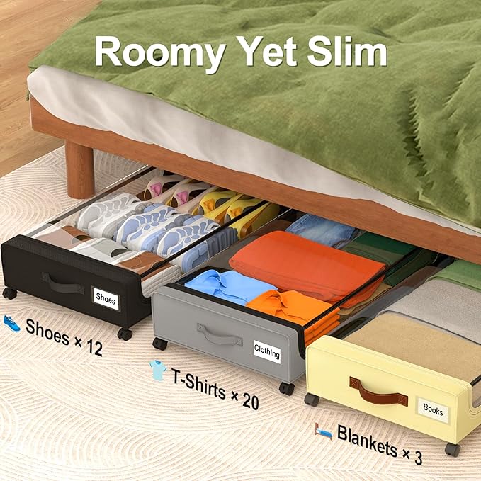 GoMaihe Under Bed Storage with Wheels 48L Grey 2-Pack | Rolling Bins for Shoes Clothes in Dorm Bedroom - Metal Drawers Easy Pull-out