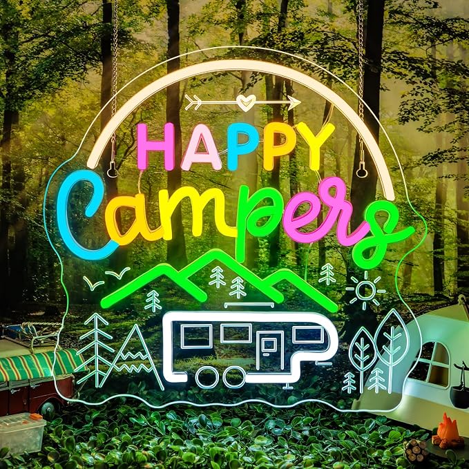 Camping Neon Sign Car Neon Signs for Wall Decor Happy Camper Sign Lights Up Van Life Travel Trailer LED Camping Decor for Inside Outdoor Decorations Camper Gifts for Teens Picnic Lovers