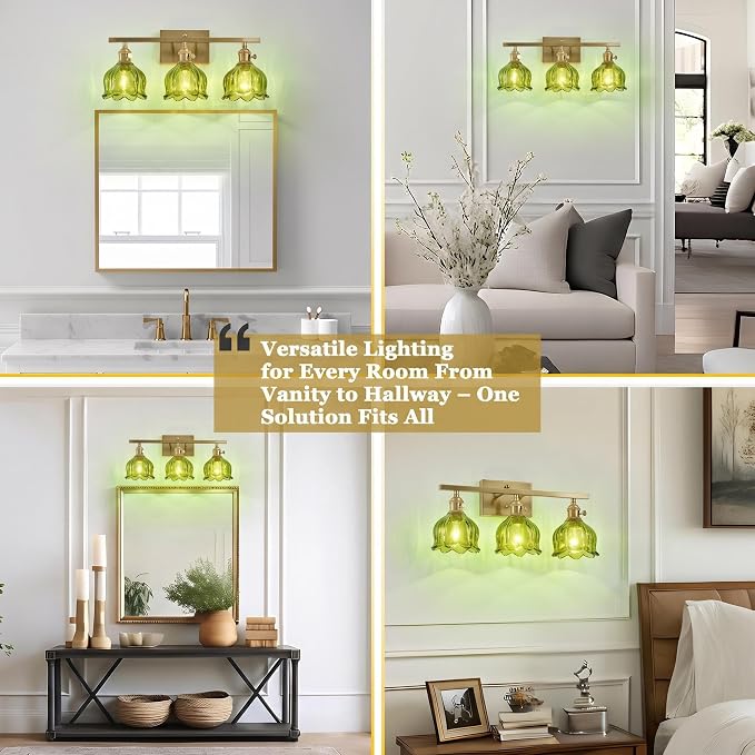 3-Light Vintage Bathroom Vanity Light, 19.4" Brass Hardwired Wall Sconce with Amber Tulip Glass Shades, Brushed Gold Vanity Light for Mirror, Restroom, Bedroom (Green, 3-Light)