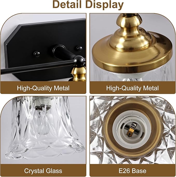 Vintage Bathroom Vanity Light Fixtures, Black and Gold 5-Light Vanity Light, Antique Bathroom Lighting Fixtures Over Mirror with Crystal Glass Shade, Vanity Lights for Bedroom Living Room Hallway