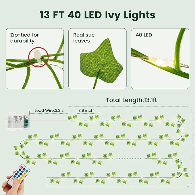 HEYFUNi Ivy Vines with Lights with Remote, 13 Ft 40LED | Artificial Green Leaf String Lights USB/Battery Operated, Fake Vines for Bedroom Wall Aesthetic, Dorm, Room Decor, Warm White