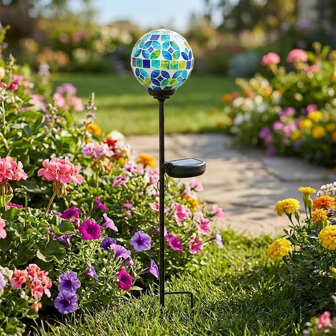 VCUTEKA Decorative Solar Garden Lights, 3.5" Mosaic Globe Outdoor Stake | Mosaic Glass Globe Design, Solar LED Light, Waterproof Design, Auto On/Off and Metal Stake Design for Lawn and Patio