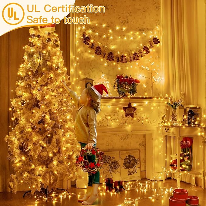 Ollny 400LED 131FT Christmas Lights Outdoor, Clear Wire Fairy Lights with Remote 3 Timer, Plug in 8 Modes String Lights for Bedroom Indoor Outside House Party Xmas Decorations, Warm White