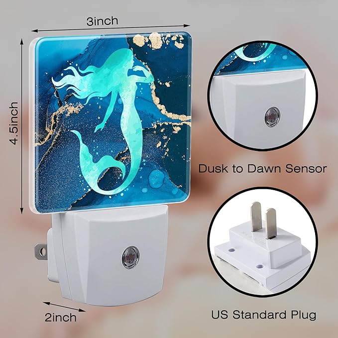 Watercolor Turquoise Mermaid Night Light for Kids,Navy Blue Golden Marble Night Light Plug in with Dusk to Dawn Sensor,0.5w Energy Saving Nightlight for Hallway Stairway Kitchen Bedroom