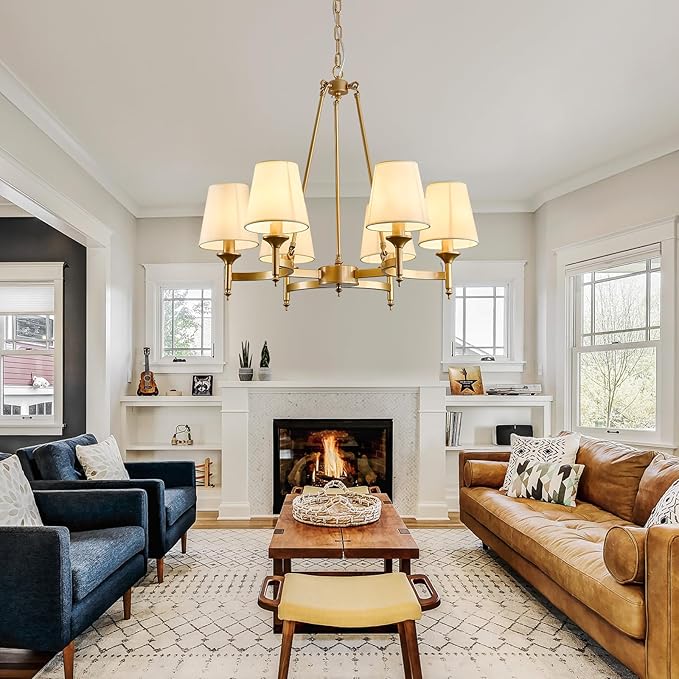 Gold Wagon Wheel Chandelier with White Linen Shade 6-Light Industrial Ceiling Light Fixture 26.8inch Large Farmhouse Hanging Pendant Light for Dining Living Room Kitchen Bedroom Entryway Foyer