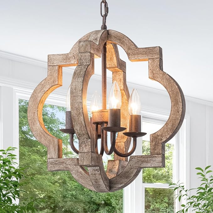 16" Farmhouse Chandelier Orb Distressed Wood Oak Dining Room Light Fixture | Rustic Country Style, Rust-Brown Finish, 4-Light Hanging Pendant Light For Foyer Entryway Kitchen Island Bedroom Over Table