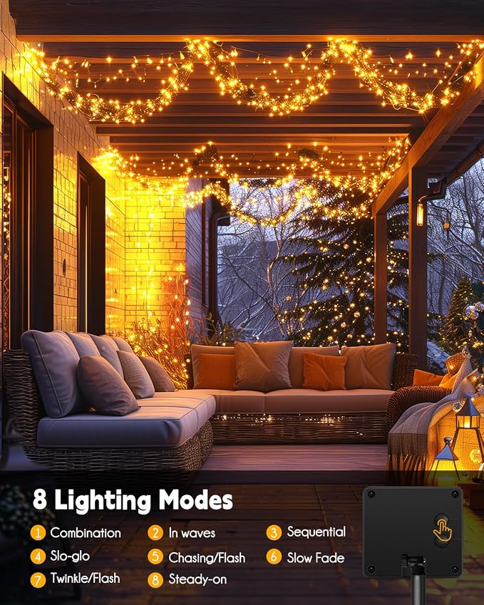 240 LED Solar Fairy Lights Outdoor Waterproof IP65, 20FT 8 Lighting Modes | Solar Christmas Lights Outdoor Waterproof Cascading Twinkle Lights Balcony Garland Patio Christmas Decorations, Warm White