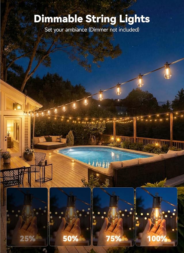 Minetom 53FT Outdoor String LED Patio Lights Waterproof,Shatterproof S14 Vintage Edison Bulbs,Commercial Grade Outside Hanging Lights Waterproof for Porch Deck Garden Backyard Balcony Cafe Bistro