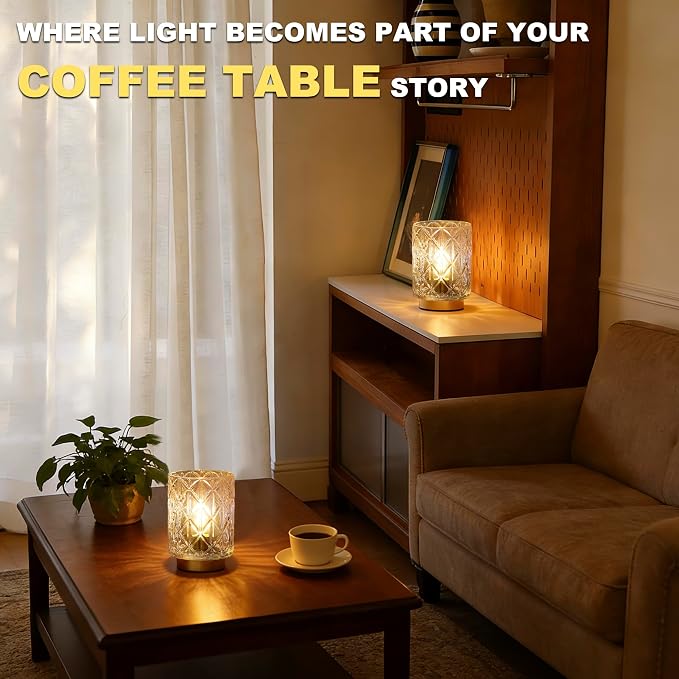 2 Pack Battery Operated Lamp,Cordless Samll Battery powered Accent Lamp with Timer for Bedside,Warm White Cozy Ambient Decorative Table Lamps for Shelf/Cubicle/Entryway/Table Decor(Iridescent Clear)