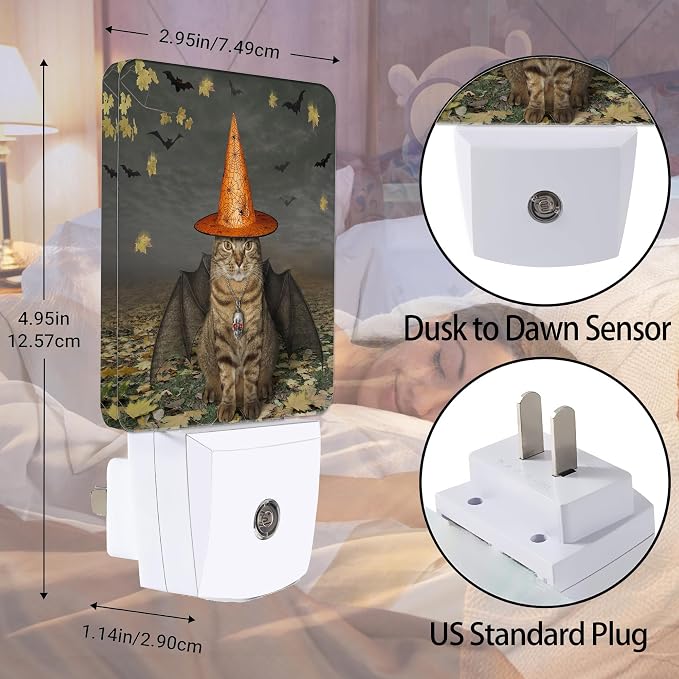 Halloween Decorations Cat Night Light, Bat Wings Plug into Wall with Dusk to Dawn Light Sensors, Warm Nightlights for Bedroom, Bathroom, Hallway, Kitchen, Gifts Ideal for Boys Girls Women Men