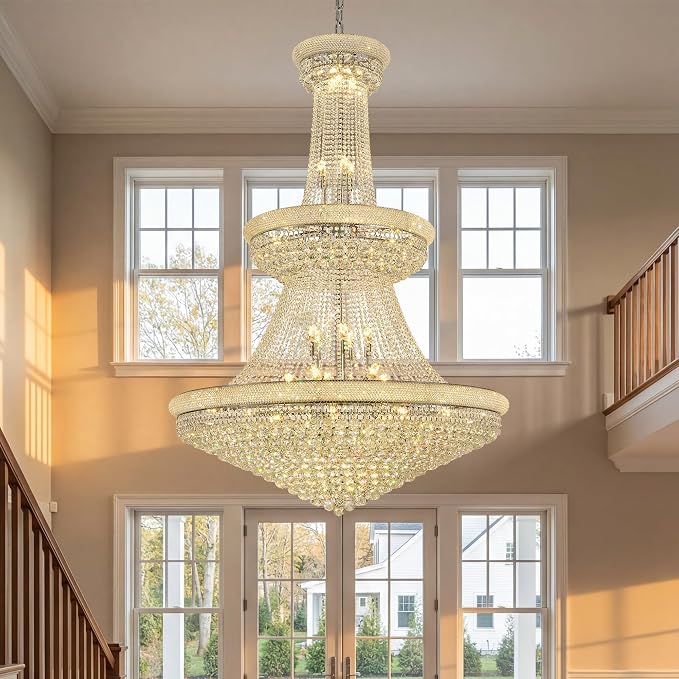 42-Lights Large Crystal Chandelier 48-Inch Modern Light Fixture - High Ceiling Foyer Lighting Fixtures Ceiling Empire Chandelier - Entryway, Dining Room, LED Chandelier 42 Bulbs Included, Silver