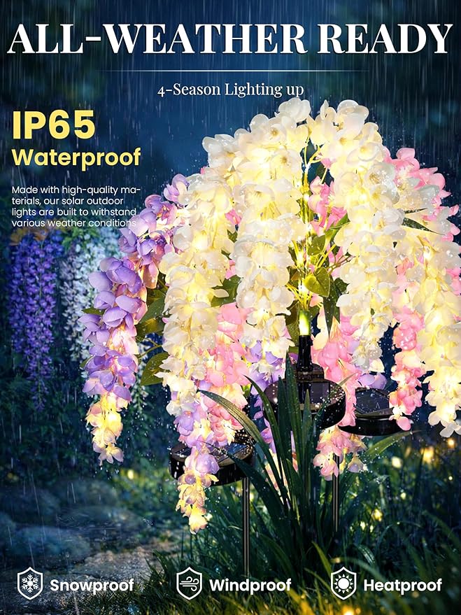 GIGALUMI 6 Pack Solar Wisteria Flowers Outdoor, 2 Modes, Multicolored | Flower Lights, IP65 Waterproof, Auto On/Off, Solar Powered, Garden Decor, for Pathway, Yard, Patio, Gardening Gifts for Women