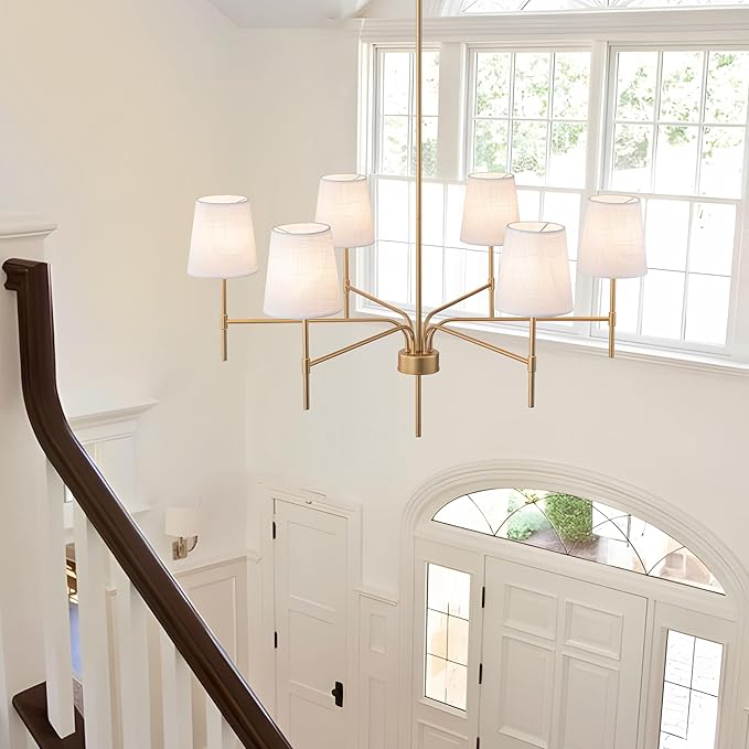 Antique Brass Gold Chandeliers for Dining Room, 6-Light Modern Chandelier Light Fixture over Table, with White Fabric Shade, 34" Large Transitional Kitchen Pendant Lights for Living Room Bedroom Foyer