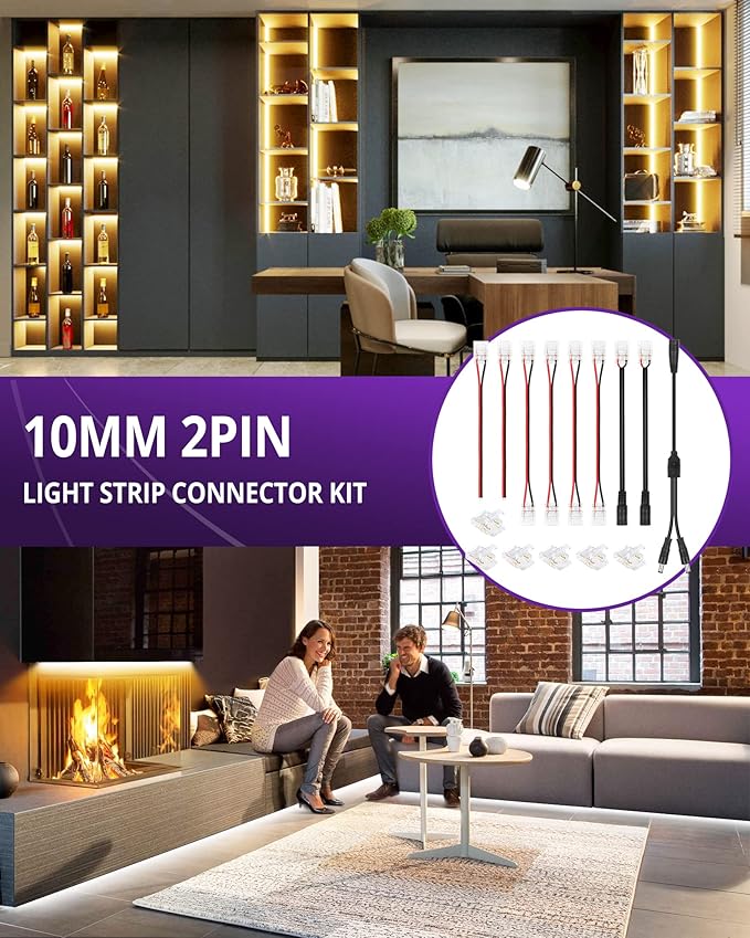 HitLights LED Strip Connector 2Pin 10mm Connector Kit Include Gapless Connector, Jumper Connectors, Pigtail Connector, DC Female and Connector, DC Jack Splitter for COB/2835 Single Color LED Strips