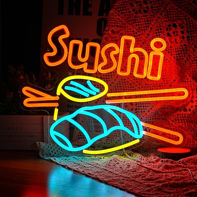 Dimmable Sushi Neon Sign 16.5 * 12.6 Inch LED Sushi Light Up Sign For Wall Decor USB Powered Japanese Neon Light for Sushi Shop Restaurant Home Kitchen Party （Yellow Ice Blue Orange）