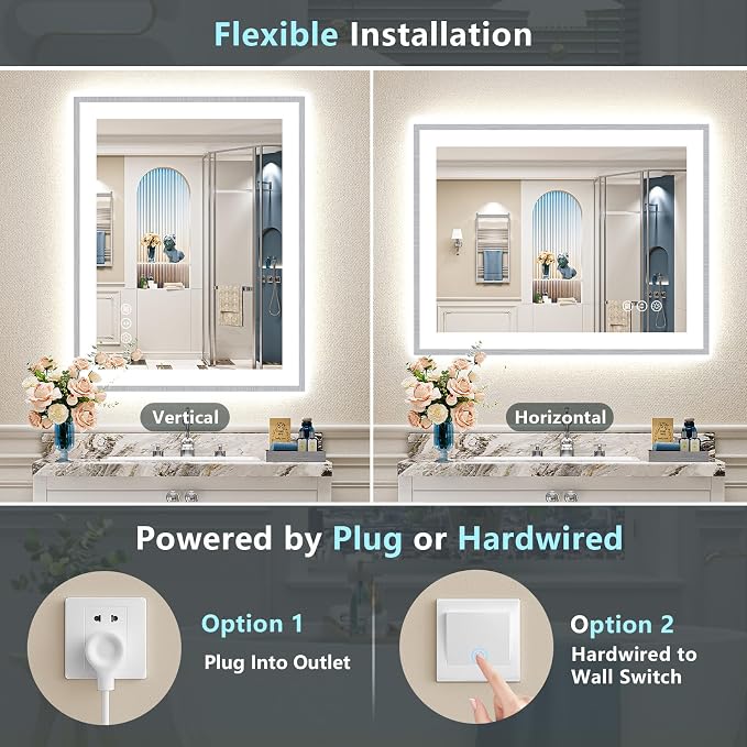 24x36 Inch Brushed Nickel LED Bathroom Mirror, Backlit & Front Lit | Silver Framed Anti-Fog Lighted Vanity Mirror with Lights, 3 Color Dimmable, Memory, HD Tempered Glass, CRI95, IP54, UL Listed