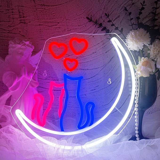 Two Cats on Moon Neon Sign Christmas Cat Cute Couple Kittys Neon Lights for Wall Decor,Kawaii Animal 3D LED Neon,USB Light Up Signs for Girls Bedroom Bar Home Party Valentine's Day Cat Lovers Weddings