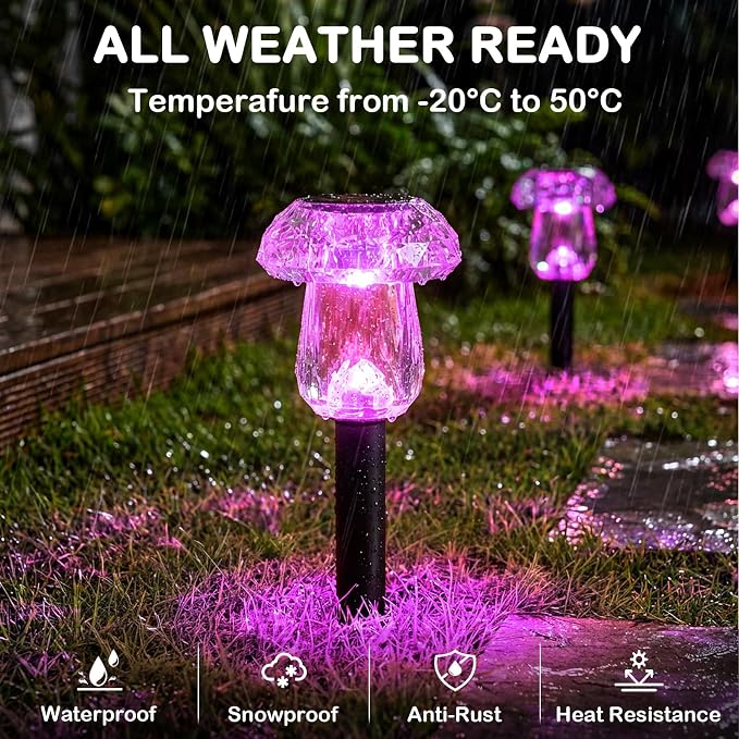 Solar Pathway Lights Outdoor 8 Pack Pink Garden Mushroom Decor | Waterproof Garden Outside Yard Walkway Landscape Path Lighting, LED Auto On/Off Decorations, Acrylic Diamond-like Lampshade
