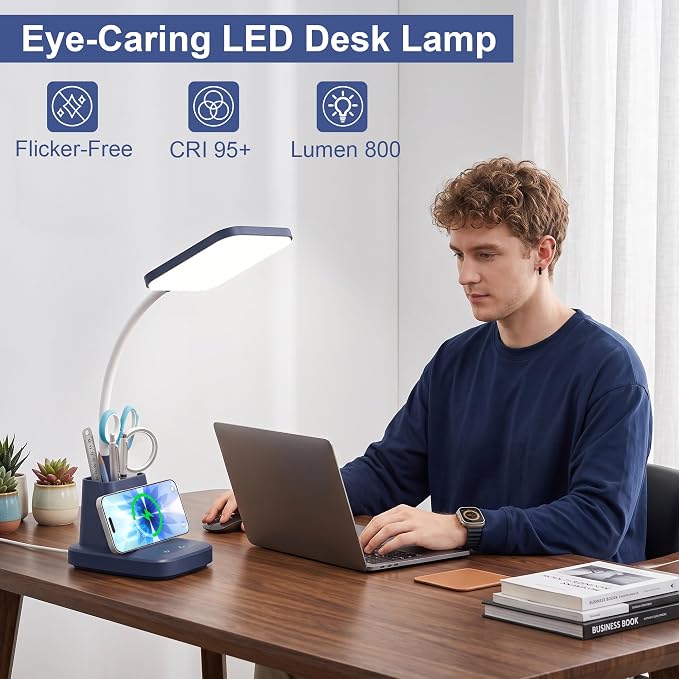 LED Desk Lamp with 10W Wireless Charging & Pen Holder, Navy Blue | CRI 95, 800LM, Stepless Dimming, 3 Modes, 360°Flexible Arm, Touch, Study Table Lamp for Home Office, Dorm Room, with Adapter