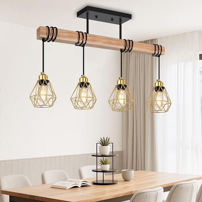 4-Lights Island Lights for Kitchen, Black and Gold Pendant Light Fixtures, Farmhouse Dining Room Light Fixtures Over Table with Metal Shade, Pendant Lighting for Kitchen Island, Living Room