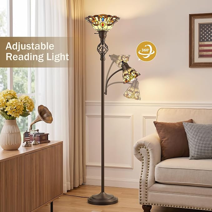 Tiffany Floor Lamp, Torchiere Floor Lamps with Stained Glass Shade, 70" Tall Standing Lamp with Adjustable Gooseneck Reading Lamp for Living Room Bedroom Office, Bulbs Included