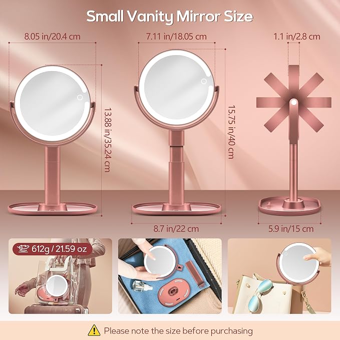 Makeup Mirror with Lights, Lighted Magnifying Mirror 30X with 3 Lighting and Adjustable Brightness, 2-Sided Height Adjustable Vanity Mirror for Bathroom, Gifts for Women Rose Gold