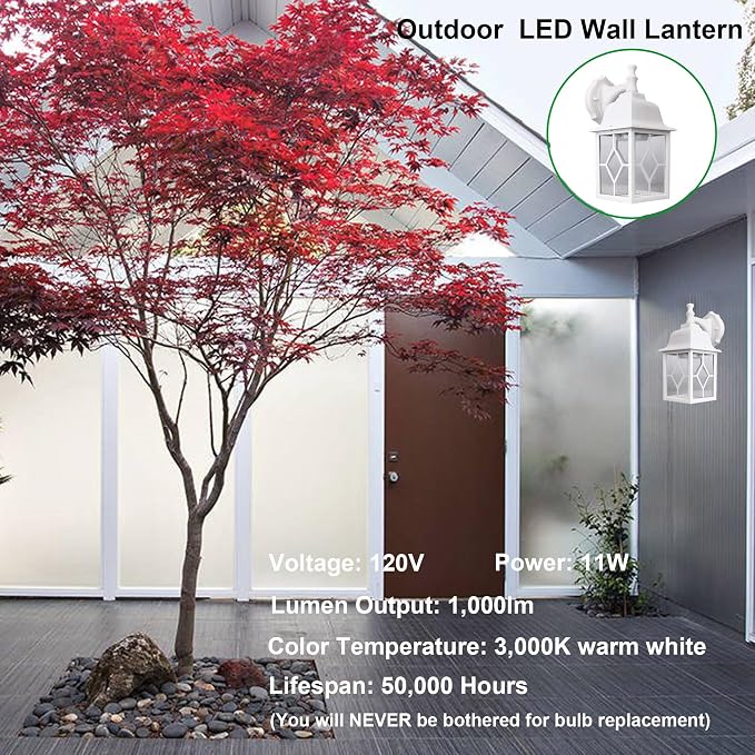 Outdoor Wall Light Fixture, Rustproof Aluminum, Glass | LED Large Exterior Porch Light Wall Sconce Lantern for House, Patio, Garage, Waterproof, 11W 1000 Lumen, 3000K, White