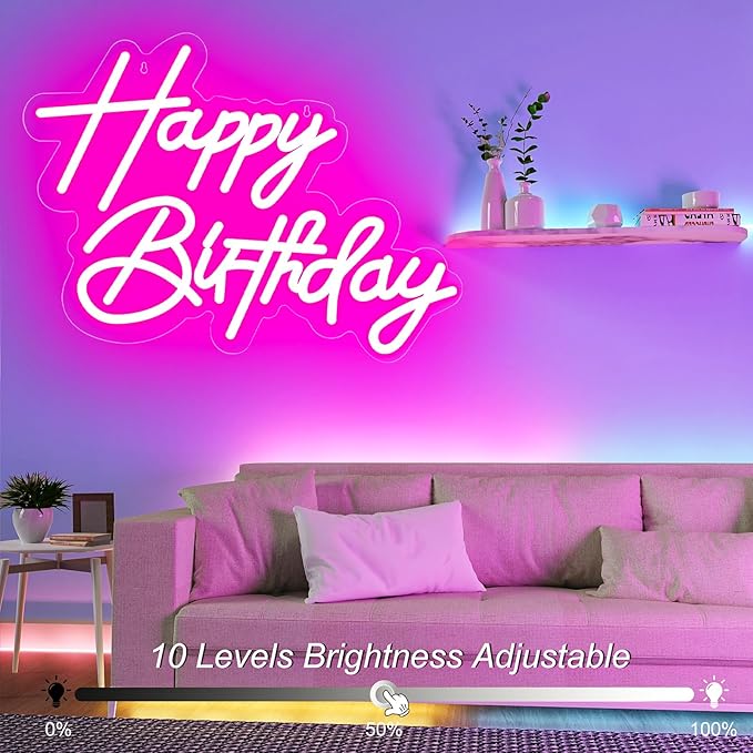 Happy Birthday Neon Sign for Wall Decor, USB Powered LED Neon Sign with Dimmable Brightness, Ideal for All Ages Birthday Parties and Celebrations, With 2 Pcs Birthday Cards (17×12 Inch)