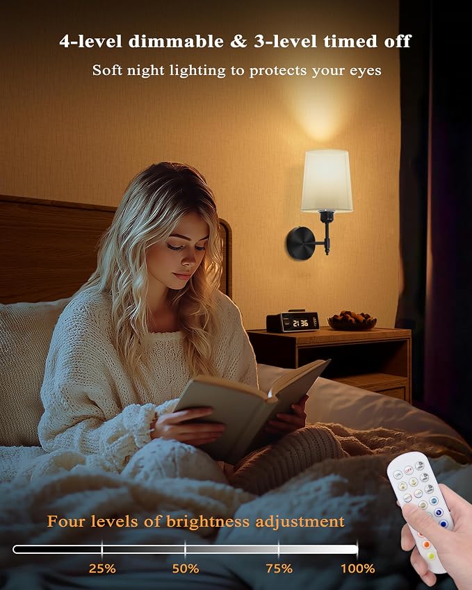 Battery Operated Wall Sconces Set of 2, Wireless Rechargeable Dimmable Wall Light with 5600mAh RGB Bulb and Remote for Bedroom, Living Room, Hallway, Black, 13.5in