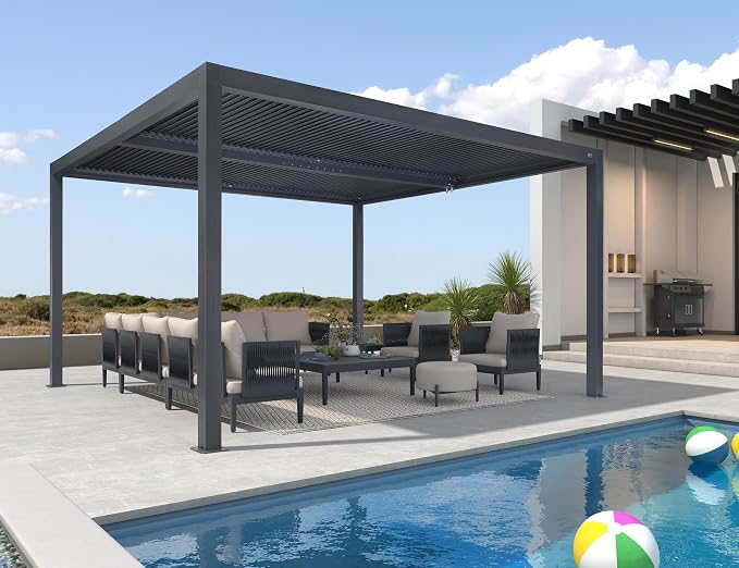 PURPLE LEAF Louvered Pergola 94AS 12' x 14' All-Aluminum Rustproof Gray | Rainproof Dry System Keeps Furniture Protected, Two Adjustable Louvered Roofs, 53Mph Wind Resistant, Zero-Rust Aluminum.