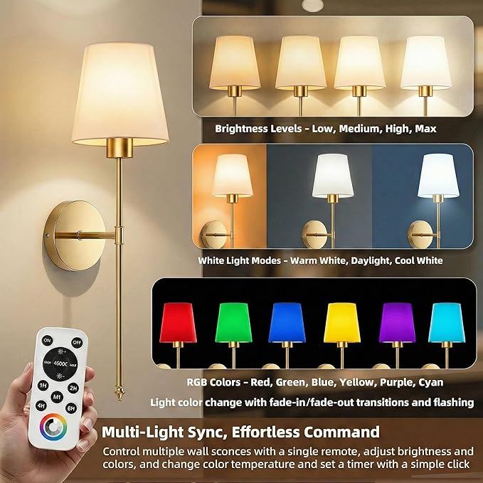 IRONPAX Wall Sconces Battery Operated Set of 2, Wireless Rechargeable Wall Sconce Set of Two, Dimmable Wall Lights with Remote for Bedroom Living Room Hallway Decor (Gold, Fabric Shade)