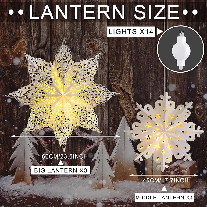 Mudder 5 Pieces Large Christmas Snowflake Paper Lantern with 7 Light 23.6/17.7 Inch Star Paper 3D Hanging Lantern Lamp Party Decoration for Weddings Holiday Xmas Trees(Cute Style,White)