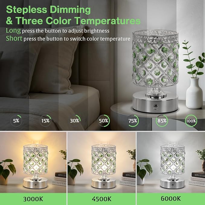 Green Small Crystal Rechargeable Cordless Table Lamps Set of 2 | 6000mAh Battery, 3 Color Temps, Stepless Dimming, Touch Control, Portable Wireless Night Light for Bar Bedroom Living Room